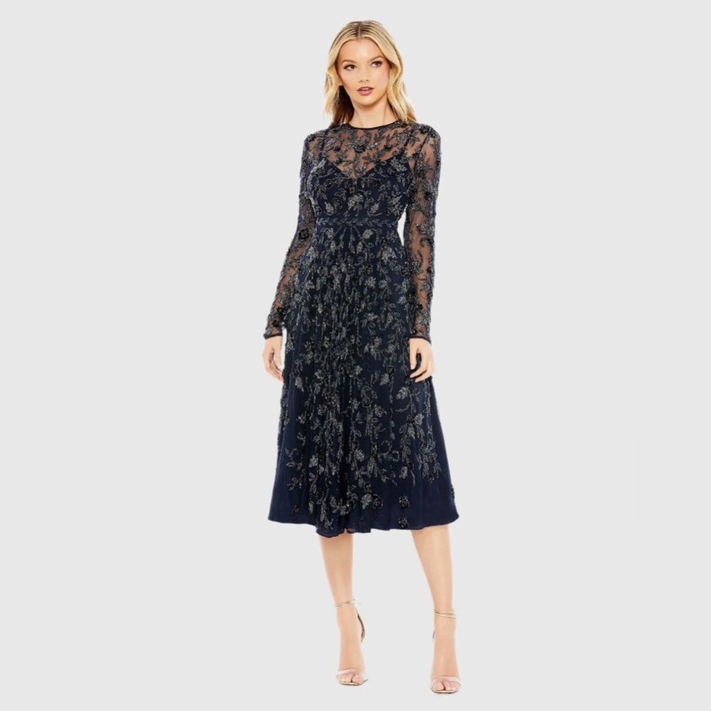 Mac Duggal BEADED ILLUSION HIGH NECK LONG SLEEVE A LINE GOWN NEW 10799